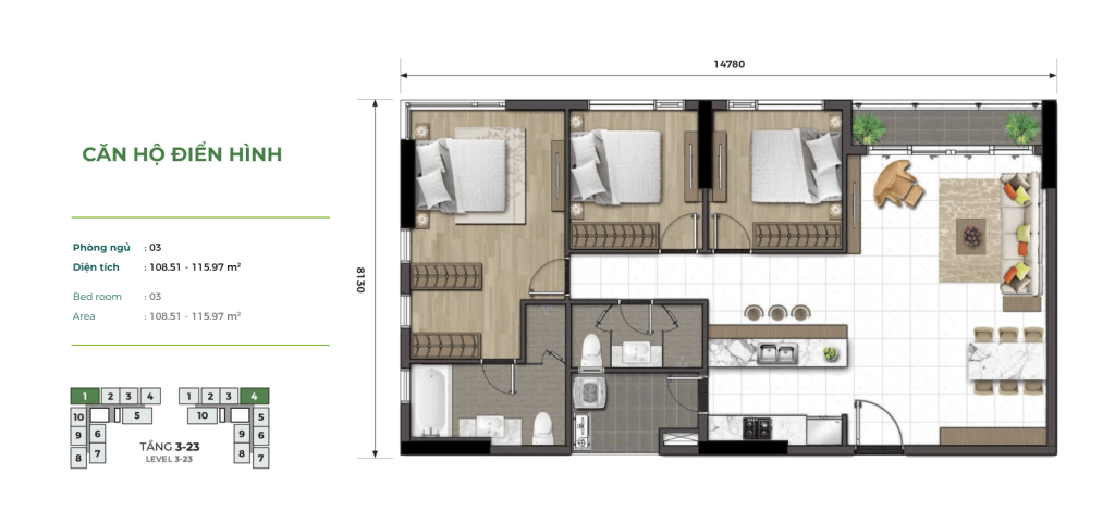 Căn hộ Essensia Sky 3 phòng ngủ